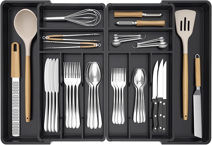 Lifewit Silverware Drawer Organizer, Expandable BPA Free Plastic Utensil Tray for Kitchen, Adjustable Flatware Cutlery Holder for Spoons Forks Knives, 18- 28 x 16.7", Black