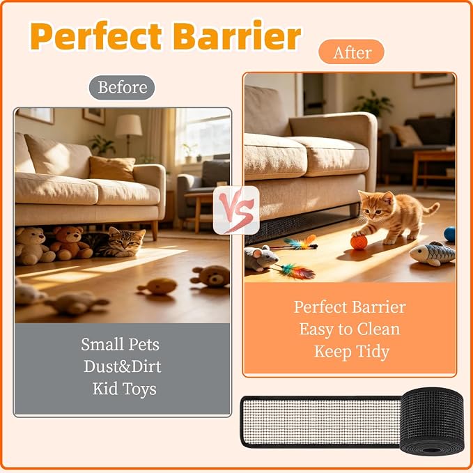 Under Couch Blocker and Bed Blocker for Pets, Toy Blocker with Zip Ties, Furniture Gap Guard to Stop Dogs, Cats and Toys from Rolling Under (Black, 394 × 3.94 Inch)