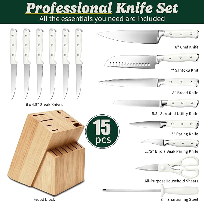 Knife Set, 15 Piece Premium Chef High Carbon Stainless Steel Kitchen Knife Block Set, Razor-sharp, Ergonomic Forged Triple Rivet Handle, Professional Knife Set for Kitchen, Dishwasher Safe(White)