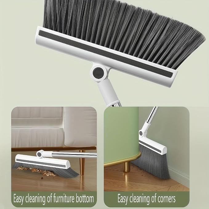 3in1 Broom and Dustpan Combo with Cleaning Teeth, Adjustable Long Handle, 180° Rotating Broom,Ideal for Pet Hair, Indoor Outdoor Heavy Duty Floor Sweeping (White)