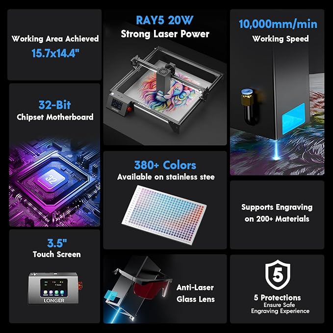 Longer RAY5 20W Laser Cutter and Laser Engraver for Tumblers, Rotary Roller Bundle, 17.3"x 17.3" Working Bed, Enclosure with Vent, and Air Pump Laser Engraver for Wood and Metal, Acrylic