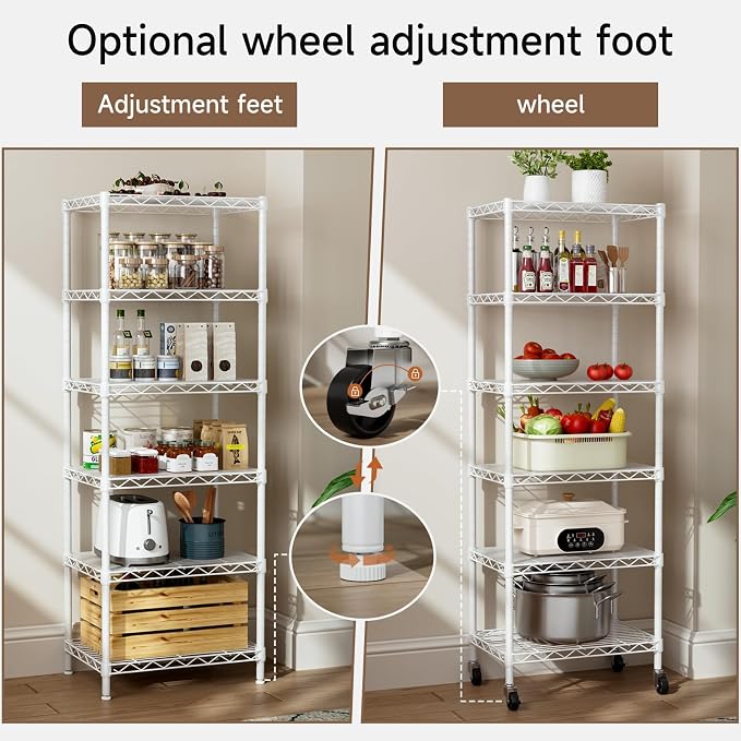 Golpart Small 6 Tier Shelves Storage Wire Shelving Unit Metal Shelf Adjustable Organizers Storage Shelving with Wheels for Bathroom Laundry Room Kitchen Pantry11.7”D x 17.7”W”W x 61.6”H White