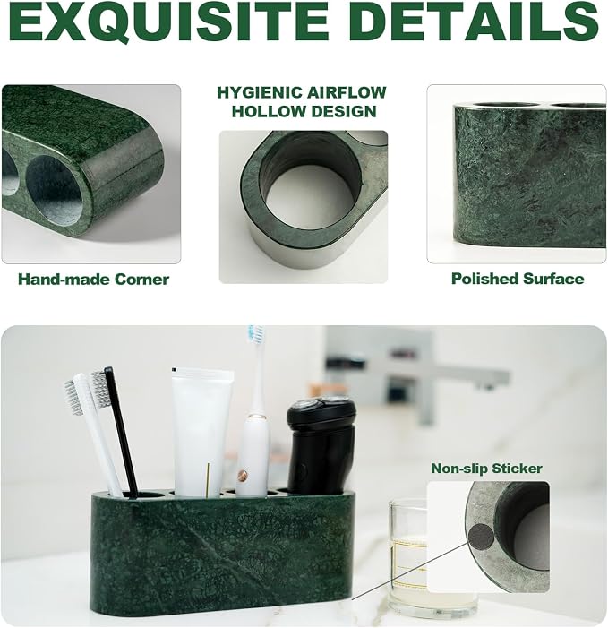 BCS Toothbrush Holder for Bathrooms, 4 Slots Marble Toothbrush and Toothpaste Holder Stand Bathroom Organizer Countertop for Electric Toothbrush, Floss, Razor, Comb - Italy Green