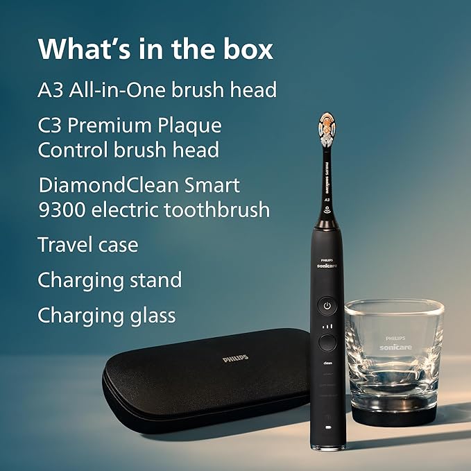 Philips Sonicare DiamondClean Smart 9300 Electric Toothbrush - Sonic Toothbrush with App, Pressure Sensor, 12 Brushing Settings, Replacement Reminder, Travel Case, Black, Model HX9903/15
