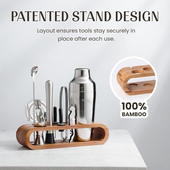 Mixology Cocktail Shaker Set - 10-Piece Cocktail Making Set - Home Bartender Kit in Bamboo Stand with Spoon, Boston Shaker, Other Tools for Drink Mixing, Martini, Mocktail - Gift Set (Silver)