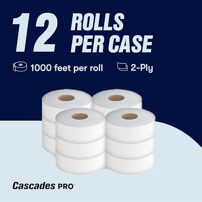 Cascades PRO Select Jumbo Roll Premium Bath Tissue 2-Ply - Suitable for universal dispensers -Toilet Paper is Septic Tank Safe, Certified, Recycled - 1000' length/Roll, 12 Rolls/Box - B140 - White