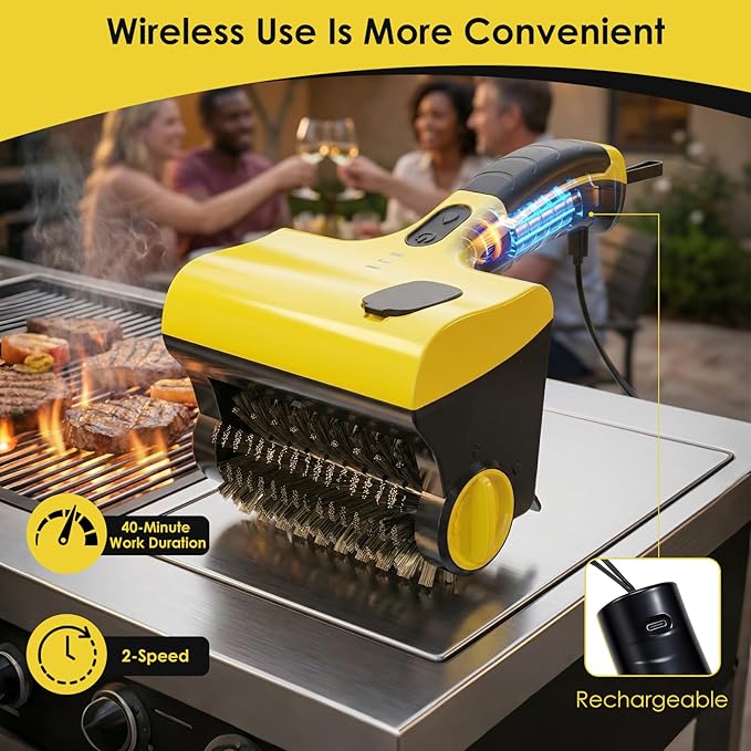 BBQ Grill Brush for Outdoor Grill, Electric Grill Cleaner with Water Tank Cordless Rechargeable BBQ Tool Spin Grill Cleaner Brush with 2 Removable Brush Head BBQ Grill Brush
