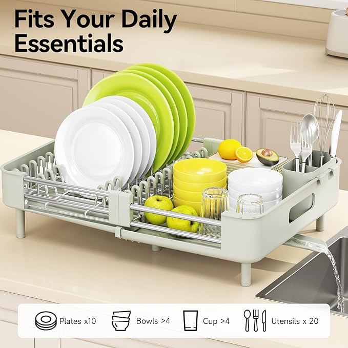 Urackify Extendable Dish Drying Rack, Dual Part Dish Drainers with Non-Scratch and Movable Cutlery Drainer and Drainage Spout, Adjustable Dish Rack for Kitchen, Gray & White
