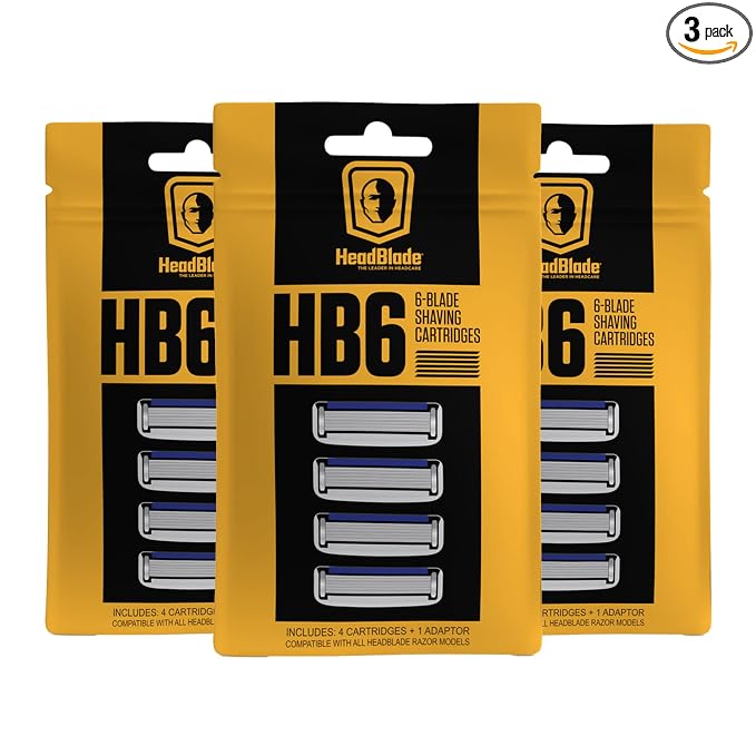 HeadBlade Men's HB6 Refill Shaving Razor Blades - 6 Stainless Steel Blades for No Tugging or Pulling, Shave Less, Works for Face, Body, and Scalp (12 Blades) 3 Pack