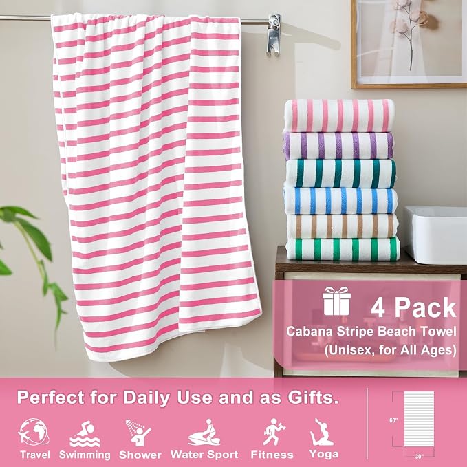 JML Microfiber Beach Towels, 4 Pack, 30" x 60", Stripe Pink White | Hanging Loop,Soft, Absorbent, Quick Dry, Lint-free, No Fading Bath Towel for Summer Swimming Pool Party