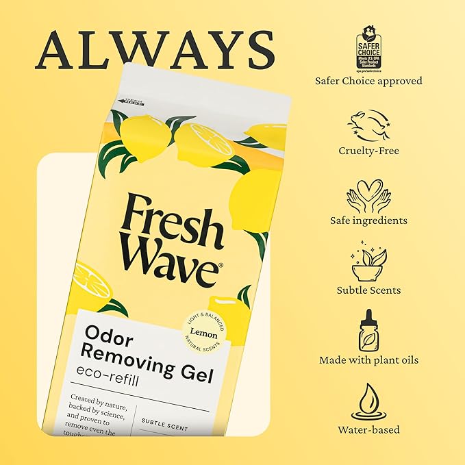 Fresh Wave Odor Removing Gel Eco-Refill, 63 oz. Lemon Scent | 2 Empty Refillable Glass Jars | 2 Room Set