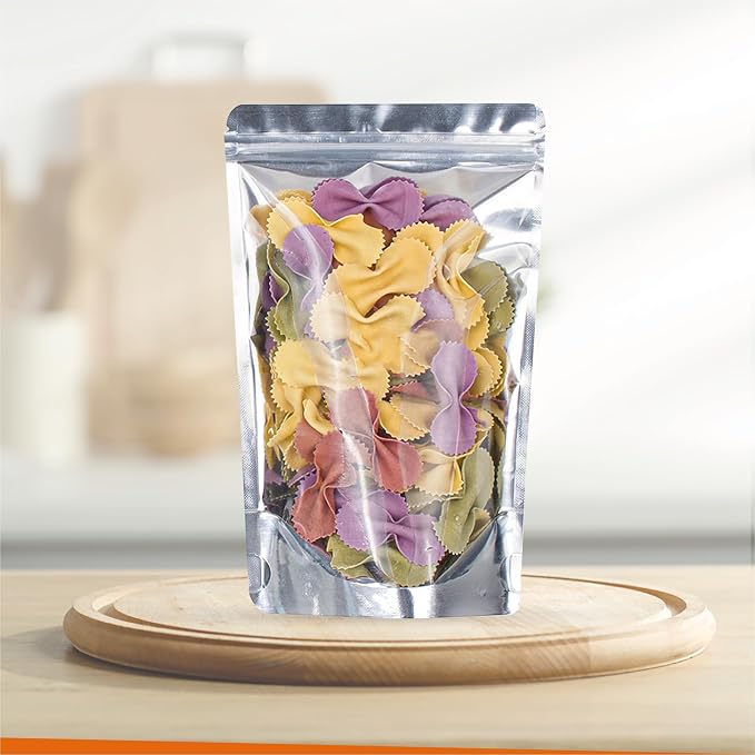 BELLE KR® 5x8 Mylar Bags with Window Stand Up - Pack Of 100, 7.5mil Thick - Clear Front Pint Mylar Bags for Food Storage and Freeze Dried Candy - Bonus Labels Included