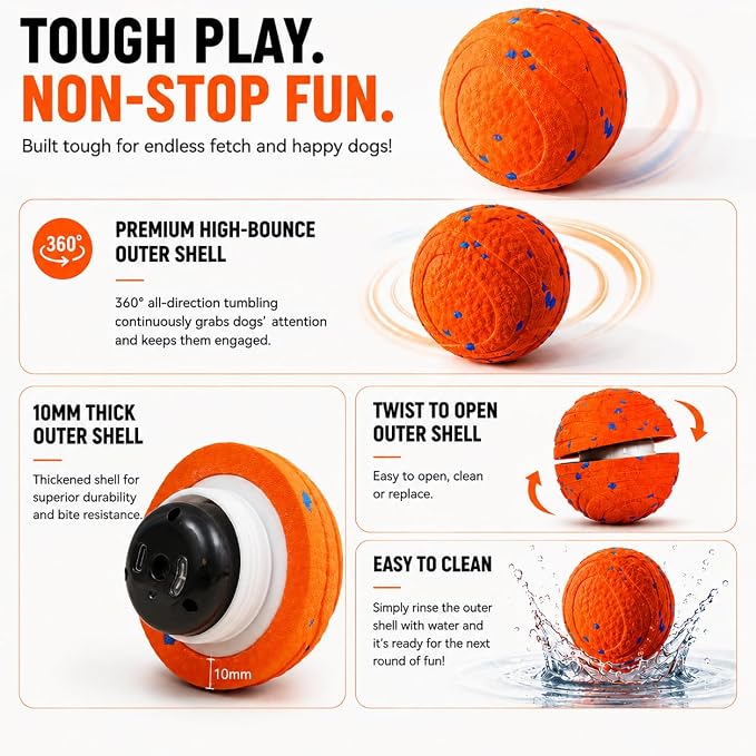 Interactive Dog Toy Ball - Automatic Self-Moving Bouncing Smart Dog Ball with E-TPU Chewproof Material, Motion-Activated 2 Modes, USB Rechargeable, IPX7 Waterproof for Small Medium Large Dogs