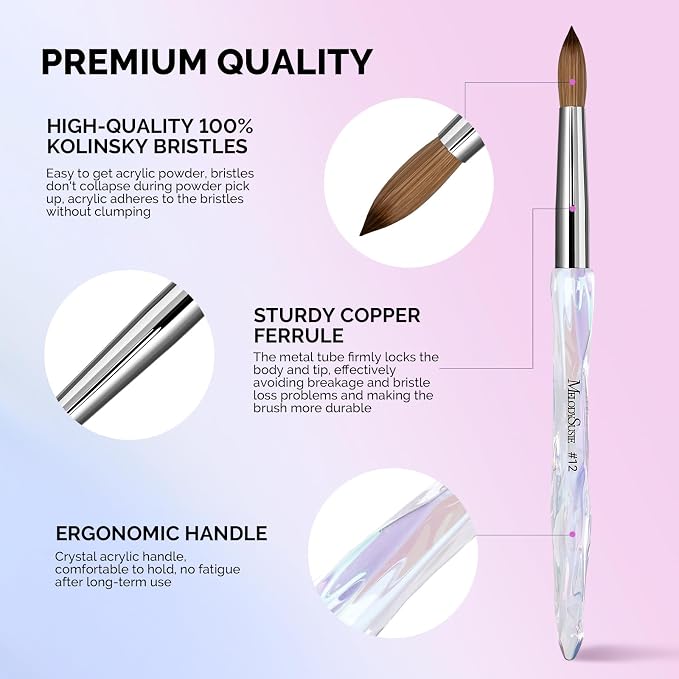 MelodySusie Kolinsky Acrylic Nail Brush, 100% Pure Kolinsky Hair, Professional Nail Brush for Acrylic Powder Nail Extension and 3D Nail Carving, for DIY Home Salon, Size 12