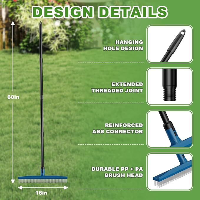 Gardtech 2-in-1 Artificial Turf Rake Brush Broom for Grass Blue | 4-Row Curved & 3-Row Straight Head, Quick-Change, Long Handle