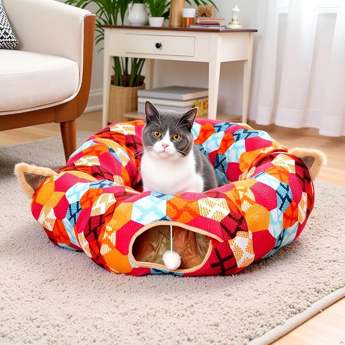 AUOON Cat Donut Tunnel with Bed for Kitten Puppy Rabbit Ferret, Orange | 2-in-1 Interactive Cat Toy, with Hanging Ball Toy, Machine Washable Center Pad, 36"L x 36"W x 10.7"H