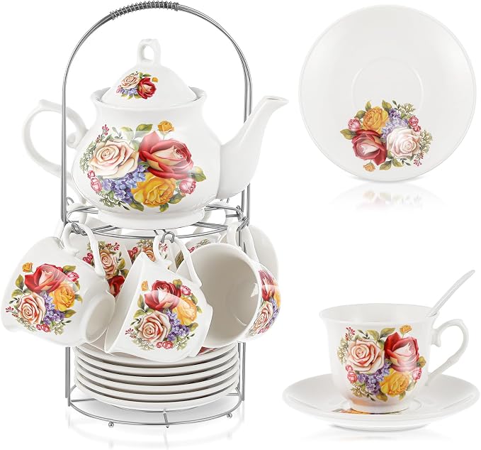 Zhehao 20 Pcs Porcelain Tea Set with Metal Holder and Spoon Adult Ceramic Tea Set European Flower Painting Teapot Cup Saucer Spoon for Women Mom Gift, Large Version (Floral Style)