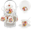 Zhehao 20 Pcs Porcelain Tea Set with Metal Holder and Spoon Adult Ceramic Tea Set European Flower Painting Teapot Cup Saucer Spoon for Women Mom Gift, Large Version (Floral Style)