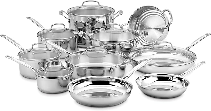 Cuisinart 17-Piece Stainless Steel Cookware Set, Chef's Classic Steel Collection with Pure Aluminum Core for Quick and Even Heat, Cool Grip Handles, Dishwasher Safe, 77-17N | Dishwasher-safe stainless steel pans and pots with riveted handles & aluminum...