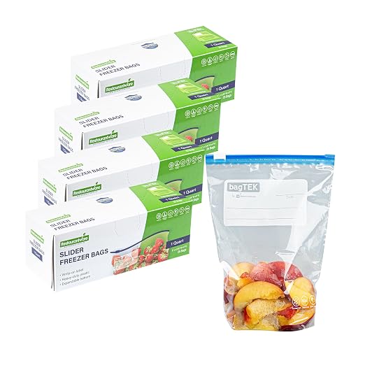 Restaurantware-Bag Tek 1 Quart Freezer Slider Bags, 25 Disposable Zipper Pouch Bags - Slide Zipper, Expandable Bottom, Clear Plastic Freezer Bag, With Write-On-Label, For Food Storage