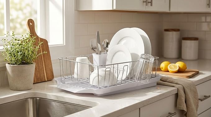 Farberware Classic Large Rust Resistant Full Dishrack with Removable 3 Compartment Flatware Caddy, Andlged Drain Board, 3-Piece, White