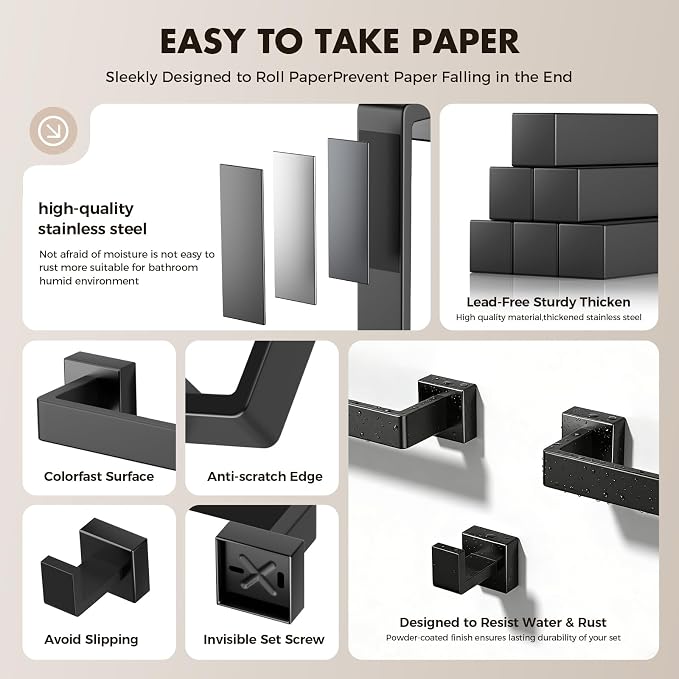 10-Pieces Matte Black Bathroom Accessories Set, Stainless Steel Bathroom Hardware Set, Towel Racks for Bathroom Wall Mounted 24 Inch Bath Towel Bar Set.