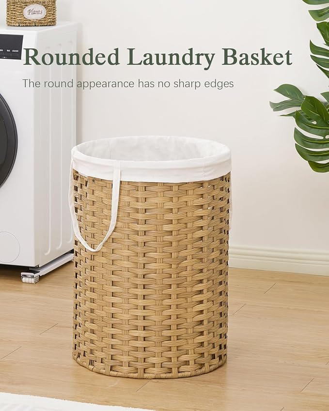 SETVSON Laundry Basket Round Rattan Laundry Hamper 29.1 Gal(110 L)Handwoven Large Wicker Basket with Handles, Wicker Hamper with Removable Bags and 2 Mesh Bags for Bathroom Living Room Natural(No Lid)