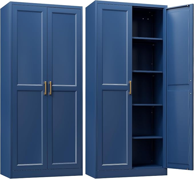 Steeloong 71"Metal Pantry Storage Cabinet with Doors & 4 Adjustable Shelves | Kitchen Pantry Cabinet,Blue Kitchen Cabinet with 2 Gold Handles,Tall Cabinet for Livingroom,Pantry, Bathroom,Kitchen,Garage