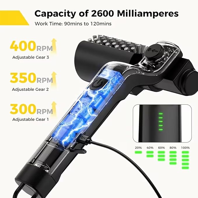 Grill Cleaner, Electric Grill Brush, Cordless BBQ Grill Cleaner with 3 Speed Settings, Adjustable Rotary Head, Reinforced Steel Bristles, for Gas Charcoal Smoker Grates (2 Brush Head)