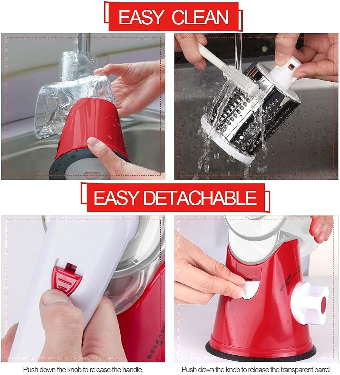 Cambom Rotary Cheese Grater Hand Crank Cheese Shredder for Fresh Cheese, Vegetable, Nuts,Non-slip Suction Base，Three Blades,Red