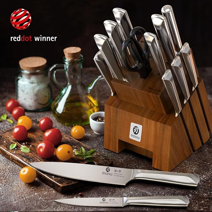 imarku 16-Pieces High Carbon Japanese Stainless Steel Kitchen Knife Set | Knife Set with Block|15°Precision Edge | 56±2 HRC Hardness | Built-in Sharpener|Ergonomic Handles|Gifts Mom & Dad