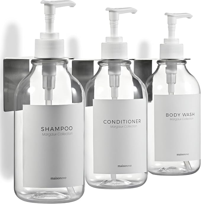 Shampoo and Conditioner Dispenser Wall Mounted Set of 2 Clear - No Drill Shower Soap Dispenser for Bathroom Refillable - Spa Hotel Style Accessories by MaisoNovo