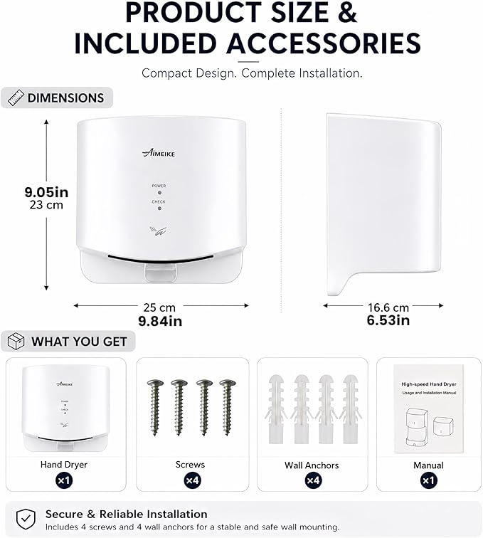 Automatic Commercial Hand Dryer, 110V 1300W High Speed Wall Mounted Hand Dryer for Bathroom, 7-10s Drying, 100m/s Air Speed, 72dB, Plug-in or Hardwired, White