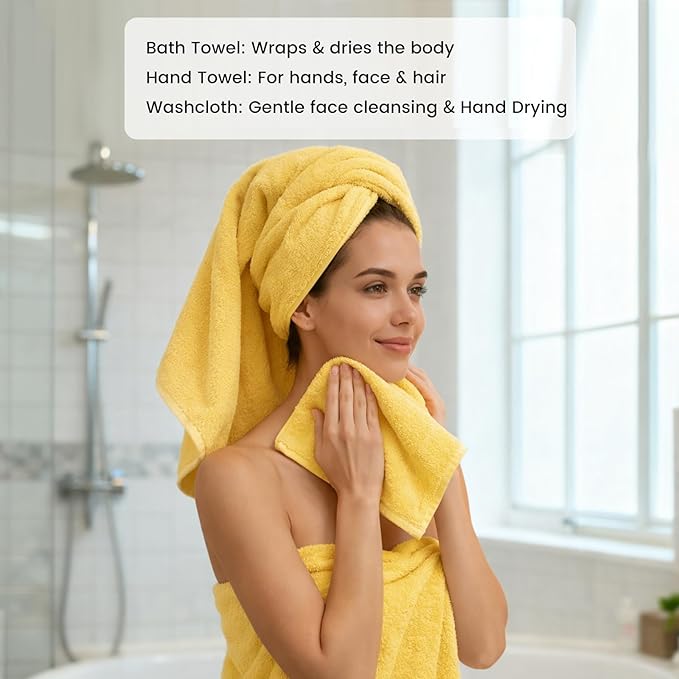 SEMAXE Bath Towel Set, 12 Piece Cotton Towel Set for Bathroom, More Towels for Family Use, Quick Dry with Hanging Loops, Easy Care, Yellow