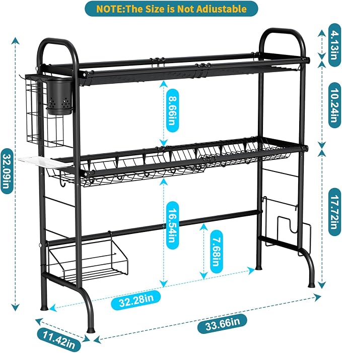 HOWDIA 3-Tier Over The Sink Dish Drying Rack,Stainless Steel Dish Rack | With Cutlery Holder & Chopping Board Rack, 33.9” x 11.4” x 32.3” for Maximum Kitchen Storage, Black