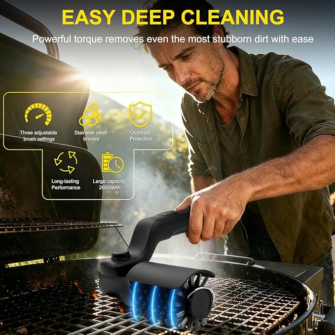 Maxmartt Electric Grill Brush, High Torque Grill Brush with 3-Speed Modes, 180° Electric Grill Cleaning Brush BBQ Cleaner Safe for Porcelain Cast Iron Stainless Steel, Reinforced Steel Bristles