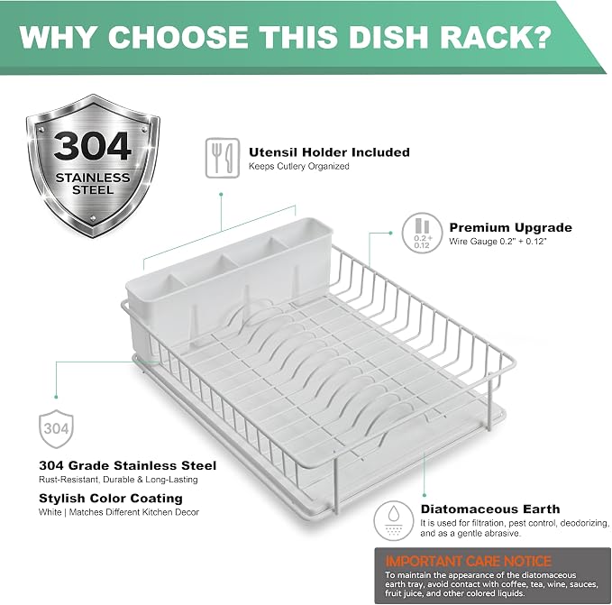 SunnyPoint 304 Stainless Steel Compact Dish Drying Rack, 15.3"x11.6", Diatomaceous Earth Drainboard, Removable Utensil Caddy, Space-Saving Countertop Design (White)