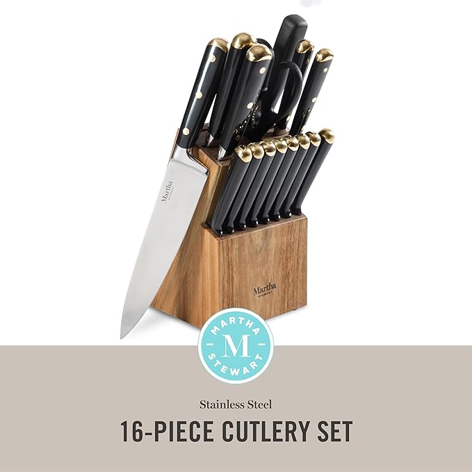Martha Stewart 16-Piece Lockton High Carbon Stainless Steel Knife Block Set - Forged Full Tang Chef Knives, Acacia Wood Block, Triple Riveted Handles, Black & Gold