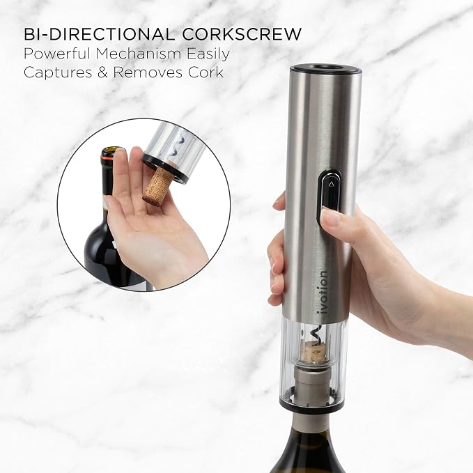 Ivation 6-in-1 Electric Wine Opener Gift Set, Preserver, Charging Base | Stainless steel bar collection for hosts - includes aerator, foil cutter, and date-stamped stoppers to keep bottles fresh