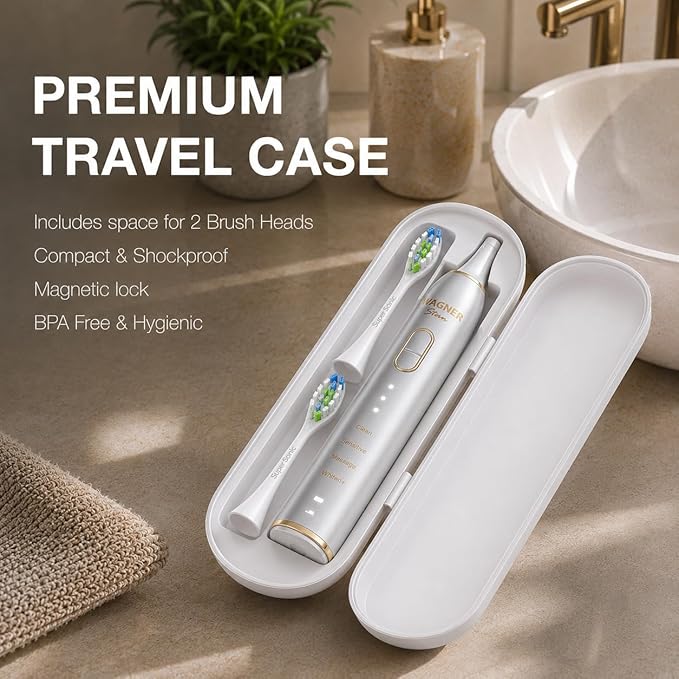 Wagner Stern IntelliBrush Series Whitening Electric Toothbrush with Pressure Sensor. Offers 4 Brushing Modes, 3 intensities, 8 Soft Brush Heads, and a Luxury Travel case.