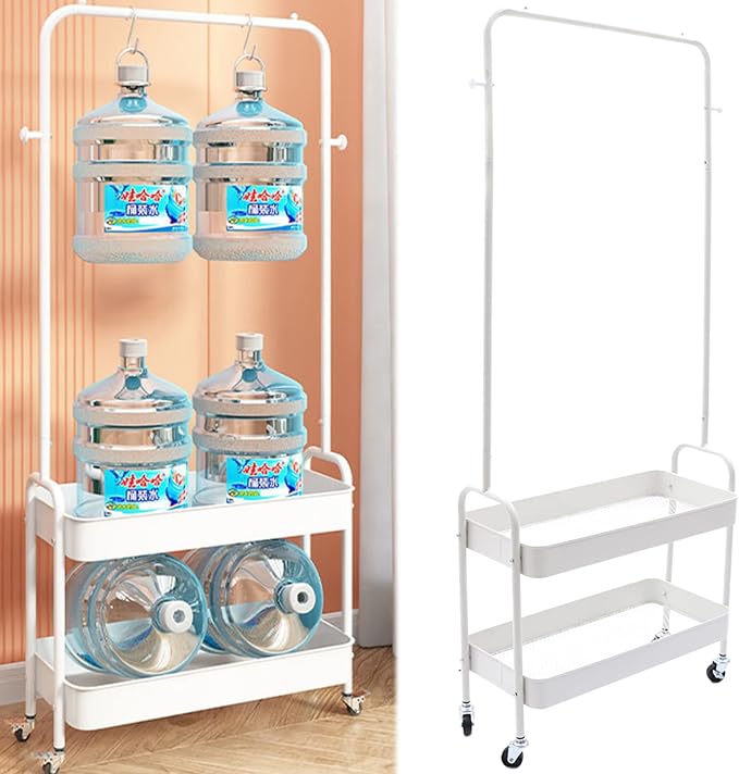 Clothing Rack, Portable Hanging Storage Organizer Garment Rack Clothing Racks with 2 Tier Basket Floor Standing Clothing Rack with Wheels for Home Bedroom Laundry (White)