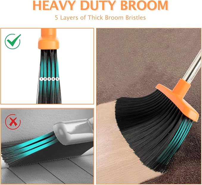 2-Pack Broom and Dustpan Set with Long Handle, Heavy Dust Broom and Dustpan Combo for Home，Kitchen, Office, Pet Hair(Gray Orange)