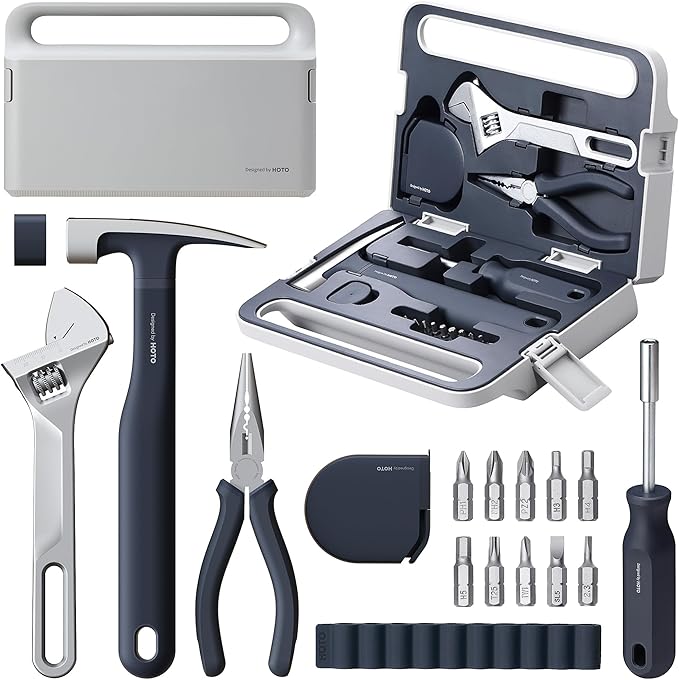 HOTO 16-Piece Home Tool Kit, Basic Hand Set with Portable Storage Box | Includes Screwdriver, Wrench, Hammer, Tape Measure, and Plier for Household, Office, Dorm Repairs and DIY Projects