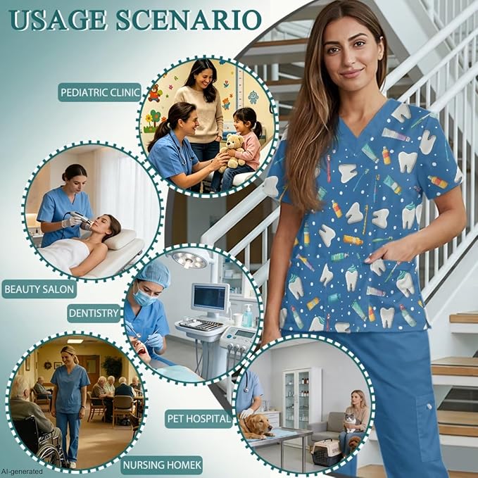 Gomyblomy Women's Scrubs Suit 3-Piece Set | Teeth Print V-Neck Top & Pants & Cap, Breathable and Stretch Fabric, S-5XL
