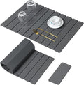 Large Stone Dish Drying Mat for Kitchen Counter, Thin & Light Quick Dry Stone Bath Mat, Foldable Water Absorbing Diatomite Drying Pad for Kitchen Bathroom Sink Countertop (Pure Gray 24"×16" & 8"x4")