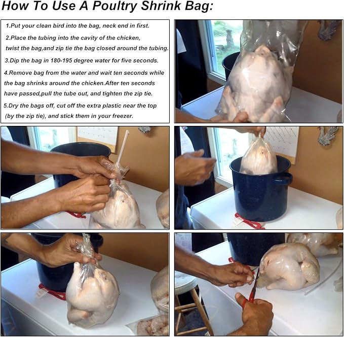 Poultry Shrink Bags,50 Pack 13x18Inches Clear Poultry Heat Shrink Wrap Freezer with 50 Zip Ties,a Silicone Straw for Chickens,Rabbits