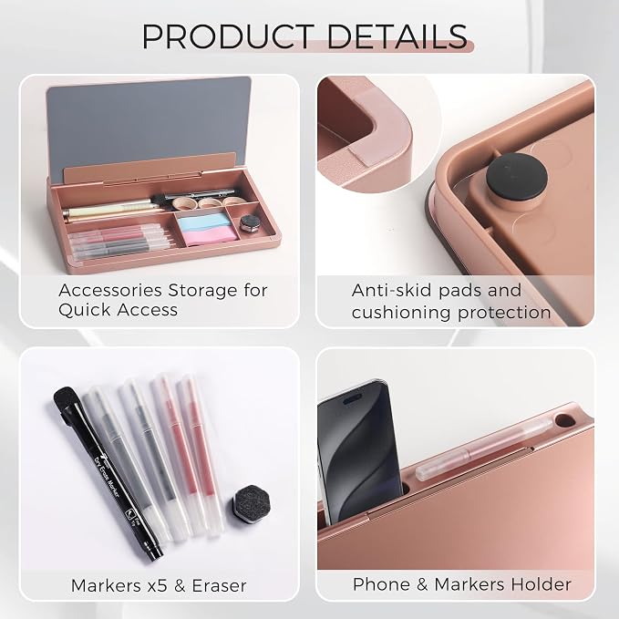 TOWON Small Compact Glass Desktop Whiteboard with Storage – 12 x 7 in Dry Erase Board for Desk, Home Office, School | Includes 5 Markers, Eraser & Holder | Space-Saving Organizer, Aesthetic Rose Gold