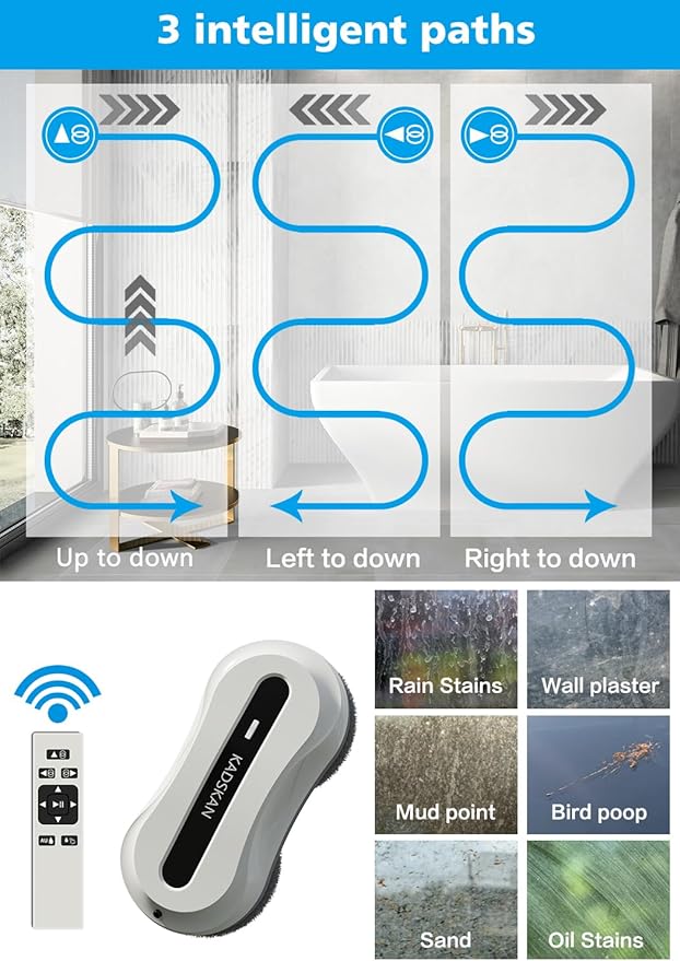 Window Cleaning Robot, Automatic Window Cleaner with Water Spray for Windows/Tiles/Class Door, Inside/Outside, 5600Pa Suction Power, 3.0 Path Planning, Remote Control