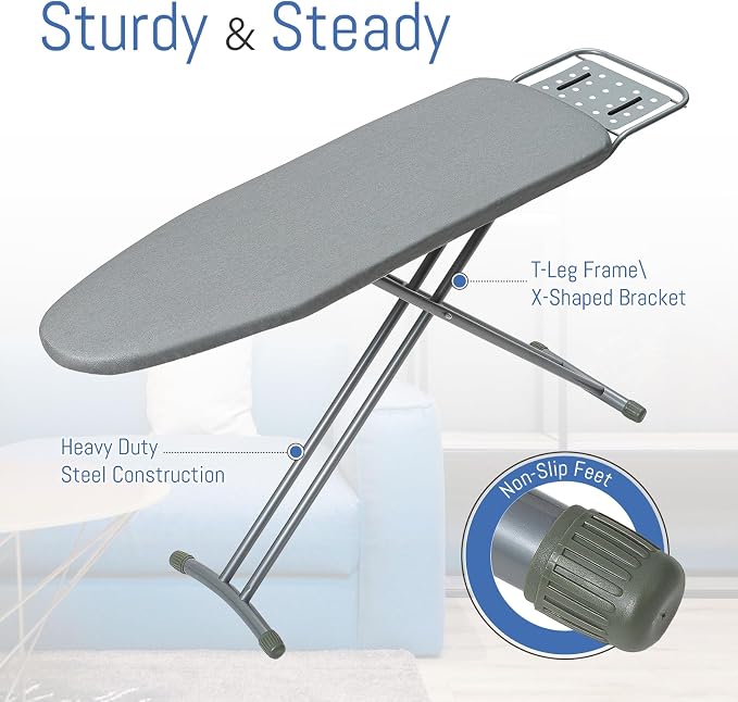 Ironing Board Full Size 43"x13" Silver Heavy Duty | BlissBoard Sturdy Iron Board with Iron Rest, Heat Resistant Cover, Ultra Thick Padding, Height Adjustable