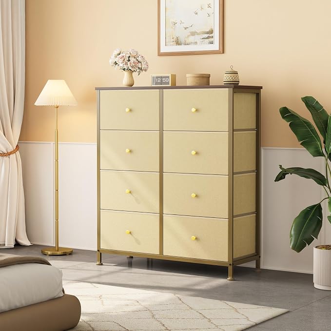 OLIXIS 8 Drawer Storage Dresser with Wood Top - Wide Fabric Chest Organizer for Bedroom, Closet, Living Room,Tower Cabinet, TV Stand, Hallway Entryway Furniture,Khaki
